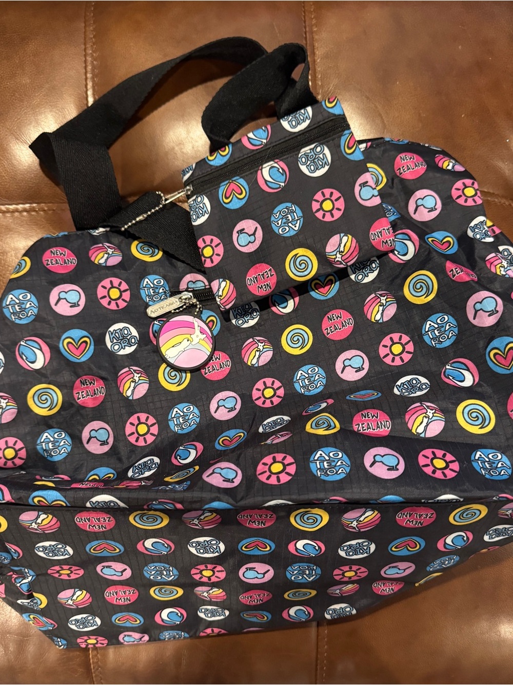 Black Travel Tote Bag with Colorful New Zealand Icon Print